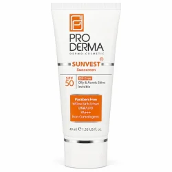 کرم ضد آفتاب فاقد چربی پرودرما مدل بی رنگ با SPF 50 مناسب پوست چرب و جوش دار حجم 40 میلی لیتر