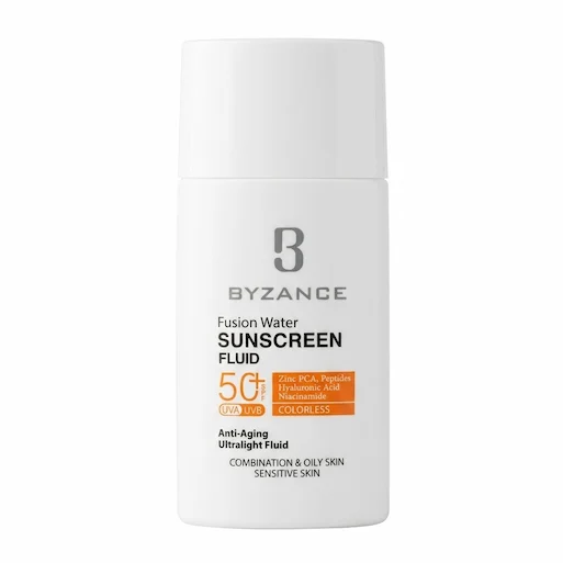 فلوئید ضد آفتاب بیزانس مدل فیوژن واتر با SPF 50 مناسب انواع پوست حجم 50 میلی لیتر